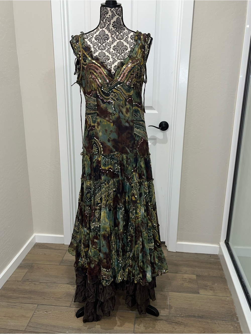 In Love by Carling Paris Y2K 100% Silk Boho Tiered Maxi Dress in Olive Multi